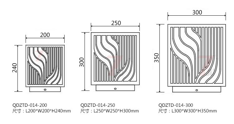 (QDZTD-014)古铜拉丝割花方形矮柱柱头灯200mm、250mm、300mm尺寸示意图