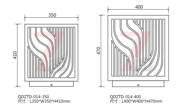 (QDZTD-014)古铜拉丝割花方形矮柱柱头灯350mm、400mm大规格尺寸示意图